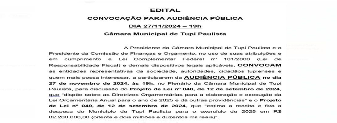 Imagem de capa da notícia: Câmara Municipal convida população para Audiência Pública